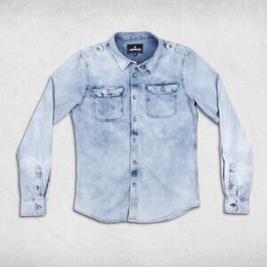 Chambray Shirt Mns S Blue Light Acid Wash Long Sleeve Button Up Slim Skater 90s